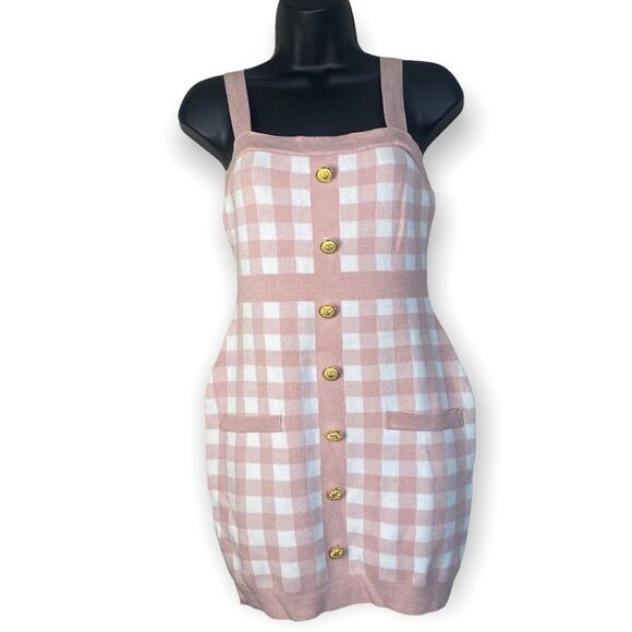 Coco and Shay Pink Plaid Bodycon Sleeveless Faux Gold Buttons Mini Dress - Picture 1 of 10
